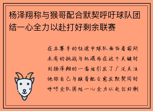 杨泽翔称与猴哥配合默契呼吁球队团结一心全力以赴打好剩余联赛